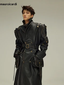 Men's Distressed Black PU Leather Trench Coat 2 Mauroicardi Spring Autumn Long Distressed Black Pu Leather Trench Coat Men Belt Double Breasted Luxury European Fashion 2024 2
