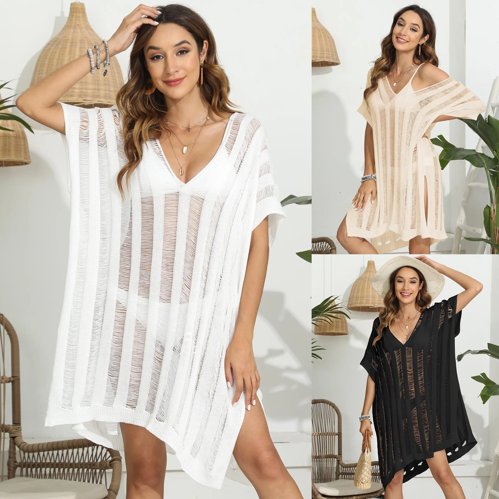 3 Color Stripped Summerdress Womens White Sexy Beachwear on The Sea 2024 Trend Party Dresses Black Swimsuits Cover Up Swim Wear