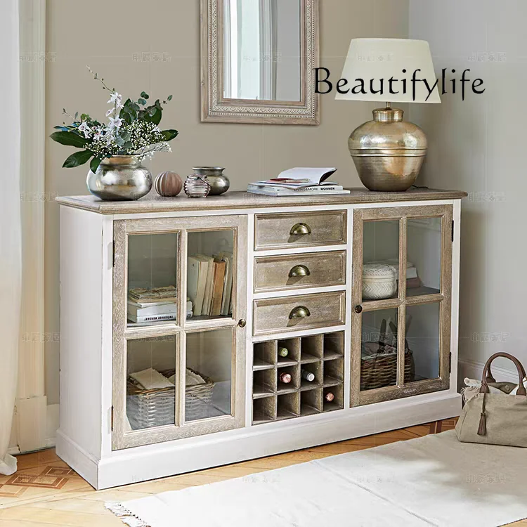 American retro solid wood dining side cabinet, wine cabinet, wall storage, rural storage, entrance cabinet display