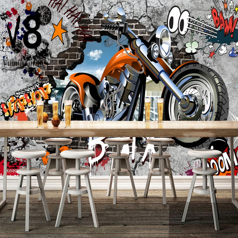 Customized products 8D Mural Personalized Motorcycle Street Art Graffiti Wallpaper Cafe KTV Bar Kid's Room bedroom living room