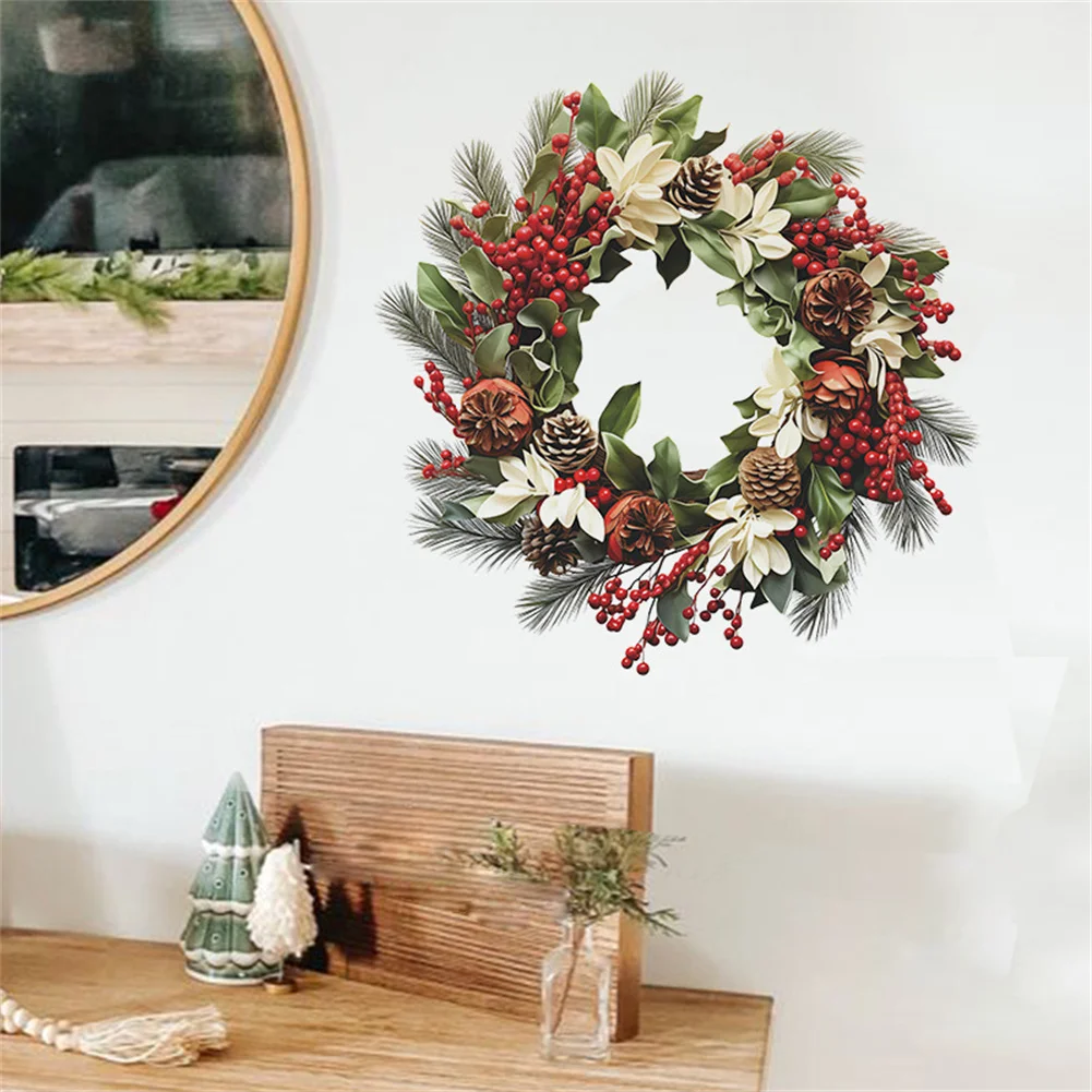 Christmas Wall Window Stickers Simulation Pinecone Berry Wreath Pattern PVC Xmas Stickers For Kids Room Nursery Decoration