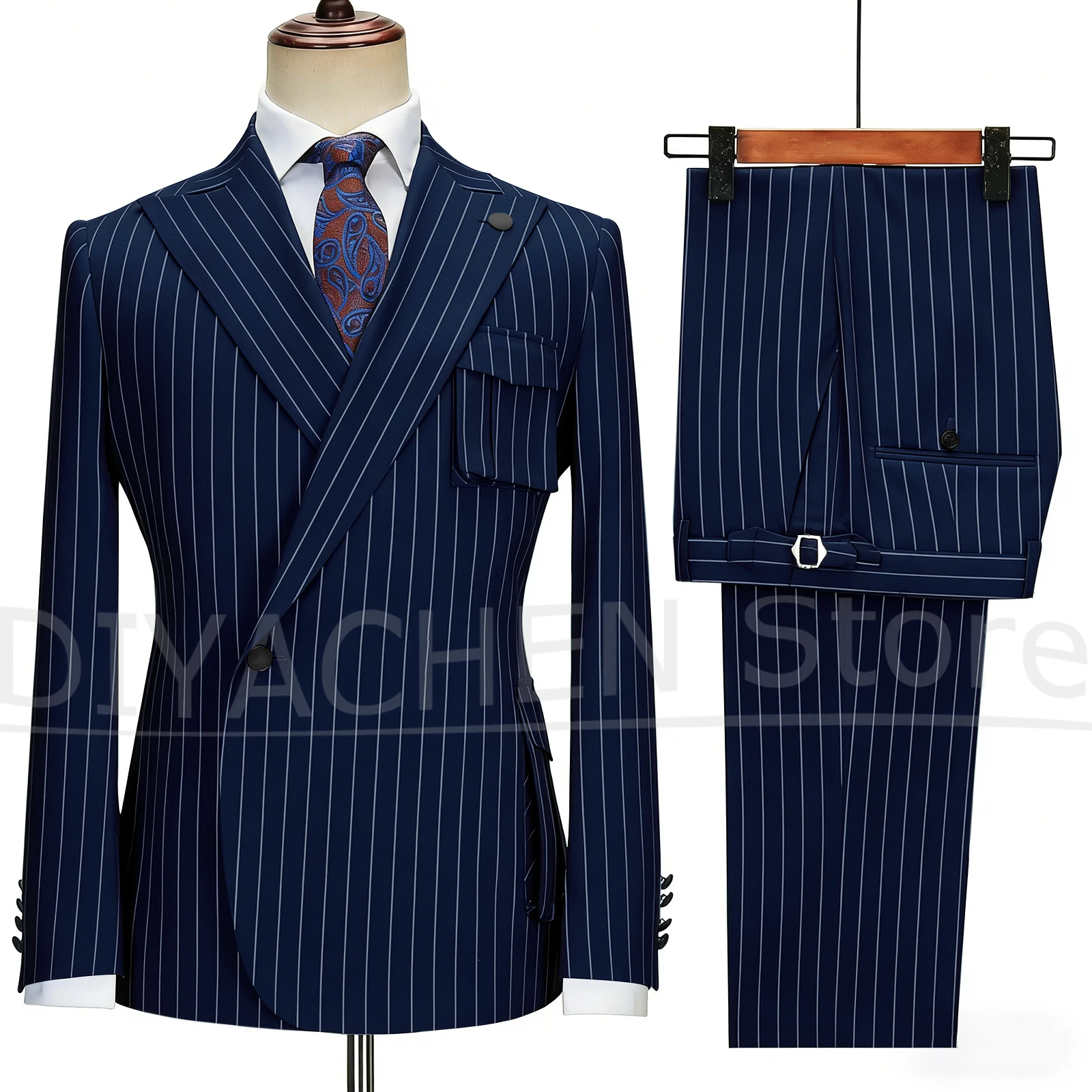 Chic Striped Men Suits 2 Piece Fashion Two Pockets Single Button Wear Fashion Smart Casual Office Male Suit (Jacket+Pants)