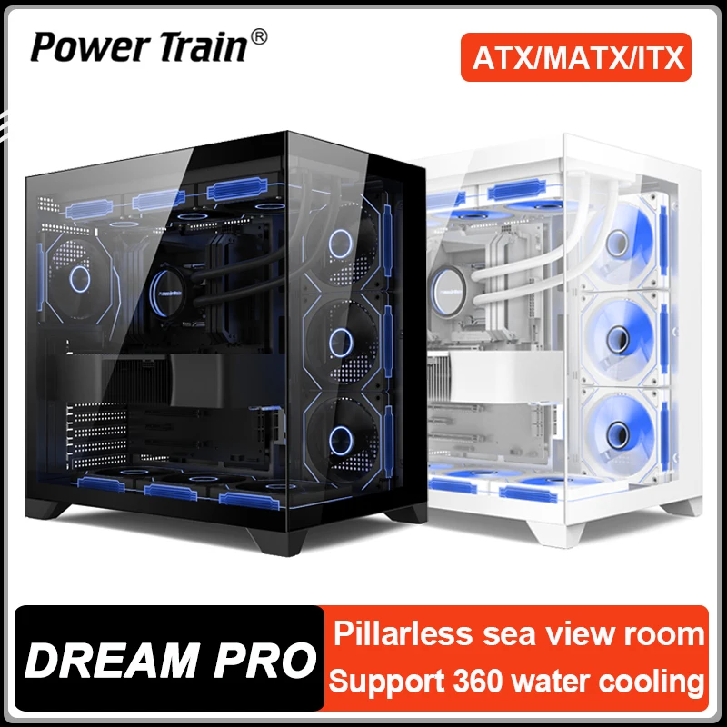 

Чехол для настольного компьютера Power Train Dream PRO ATX, колонка для комнаты с выдом на море, бесплатная панорамная стеклянная чехол для игрового компьютера, поддержка водяного охлаждения на 360°
