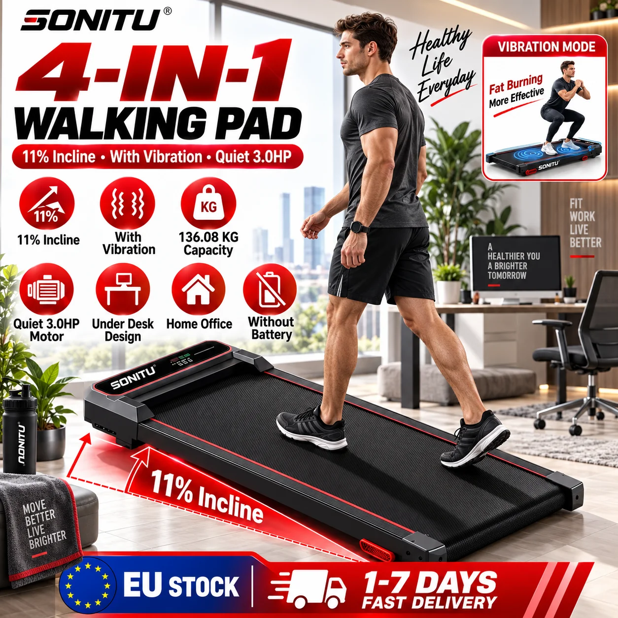 Tapis de marche SONITU U19 Sinaopus 4-en-1 avec inclinaison de 11 % et vibrations, moteur silencieux de 3,0 CV, tapis de marche sous bureau pour la maison et le bureau, capacité de poids de 136,08 kg, conception sans batterie