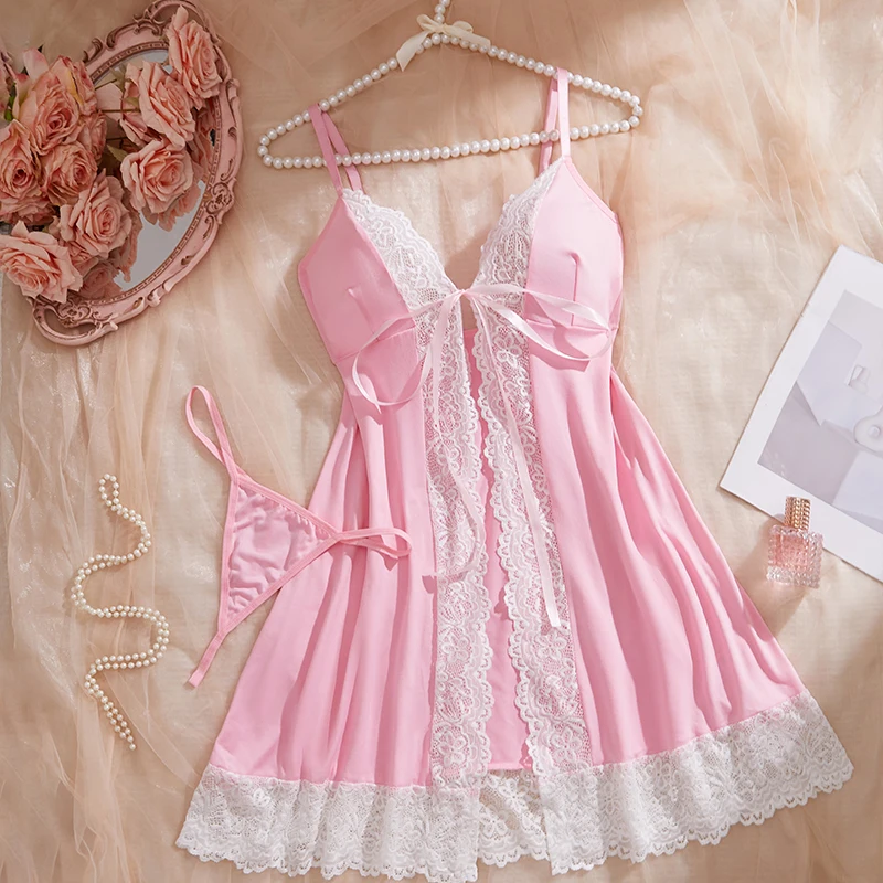 Strap Solid Color Lace Skirt Sexy Open Chest Women's Dress Underwear Underwear Set Sexy Sleeping Skirt Clothing