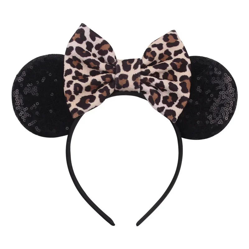 Diadema con estampado de leopardo de Disney para adultos y mujeres, diadema con orejas de Mickey Mouse, lazo de lentejuelas, accesorios para el