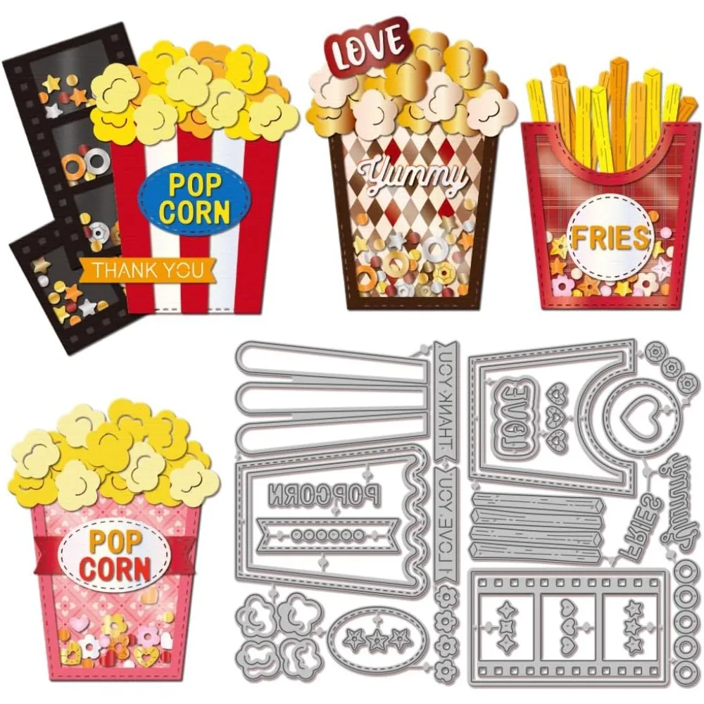 Schneideformen aus Karbonstahl mit Popcorn- und Pommes-Frites-Motiv, Schablonen für dekorative Prägung von Papierkarten, Lebensmittel, 102~106x158~160x0,8 mm