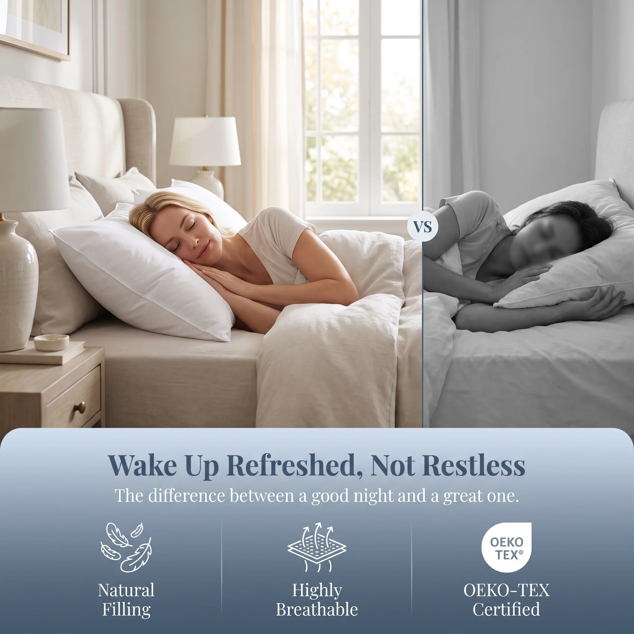 WQSPRING Grey Duck Feather & Down Pillow,10% Down 90% Feather Filling,Luxury Hotel Neck‑Support Pillow,Soft Breathable for sleep