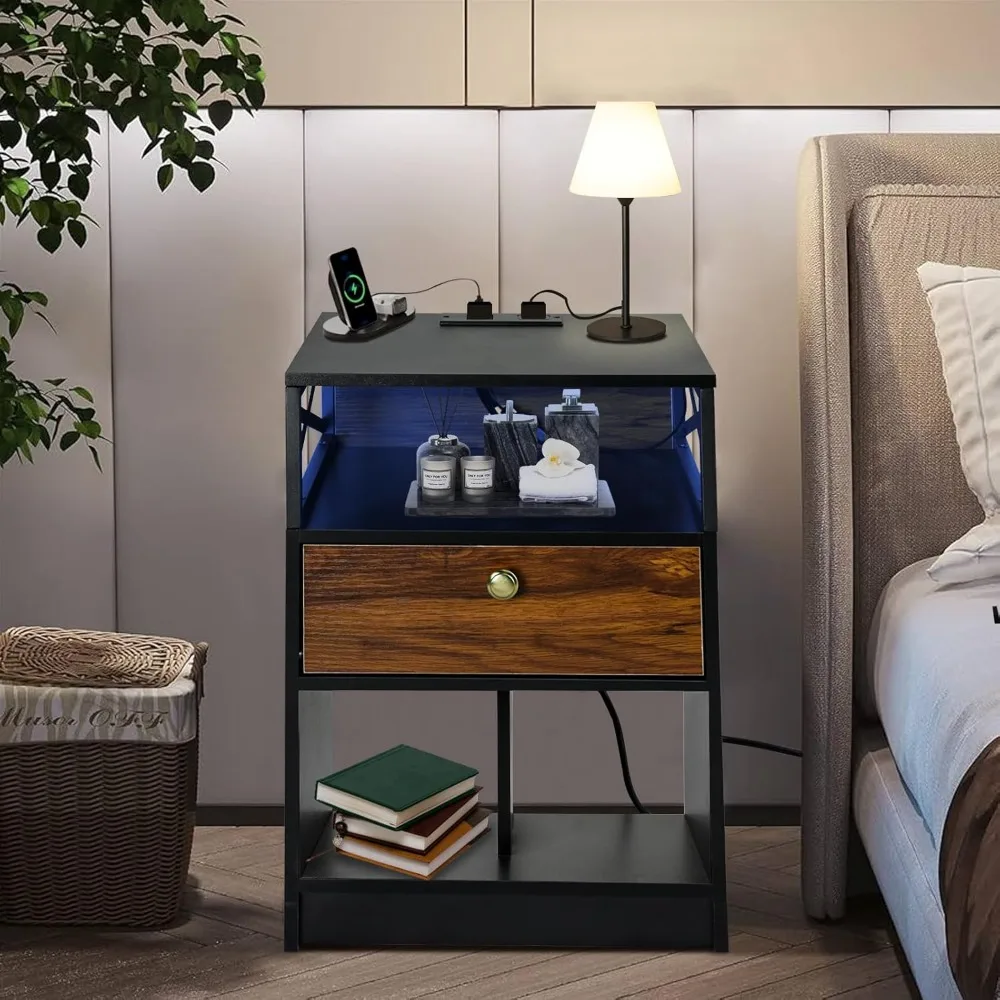 

Bedside table with charging station and LED light, bedside table with USB port and bedroom socket with small space locker