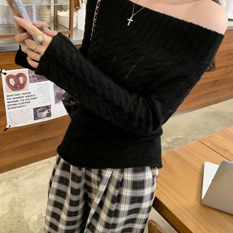 Vintage Coquette Korean Sweet Fashion Women Off Shoulder Long Sleeve Cable Knit Blouse Slim Fit Daily Kawaii Harajuku Fashion