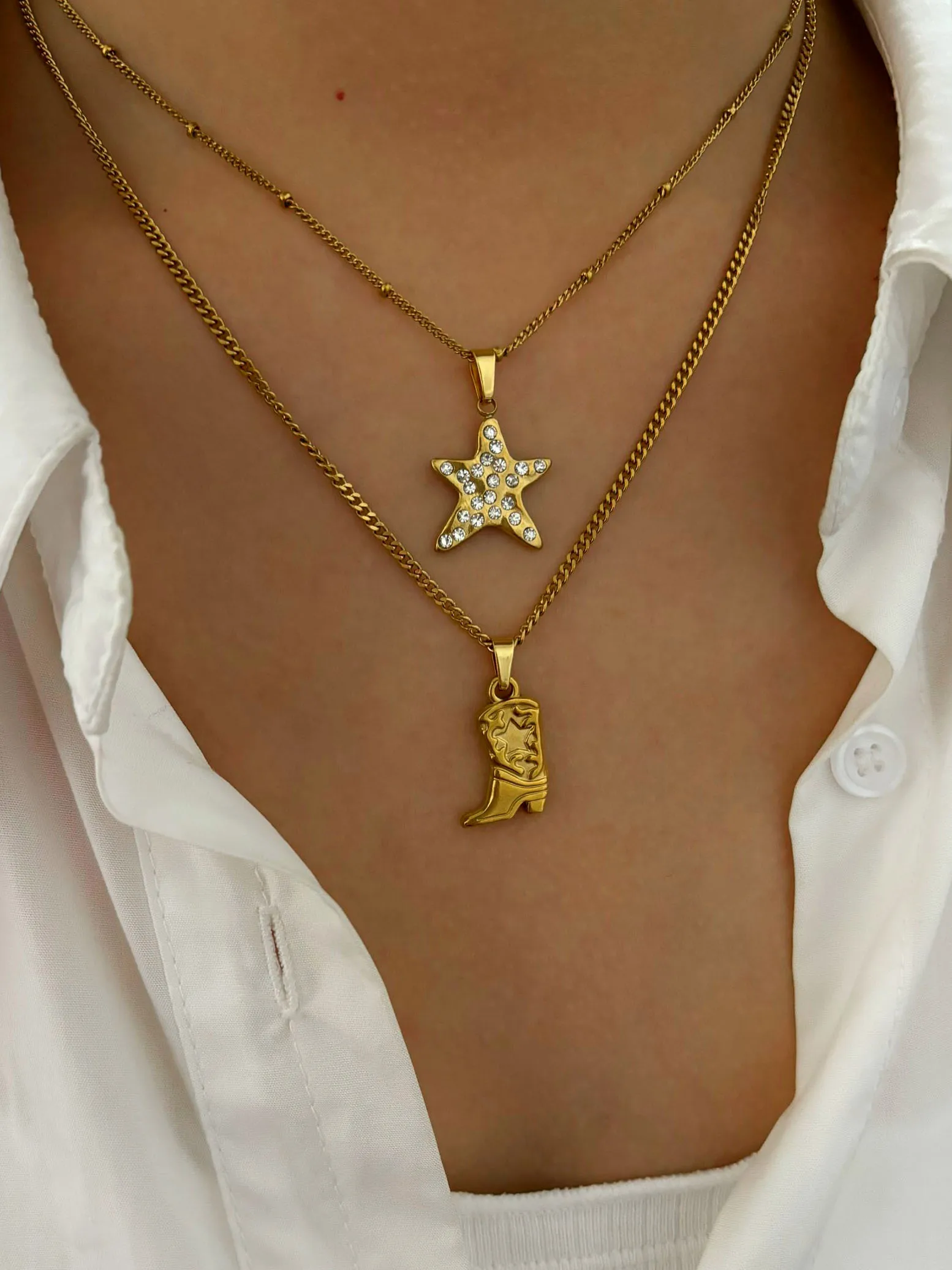 Peri'sbox Light Luxury Shiny Rhinestone Starfish Boot Pendant Necklace for Women High Quality Stainless Steel Waterproof Jewelry
