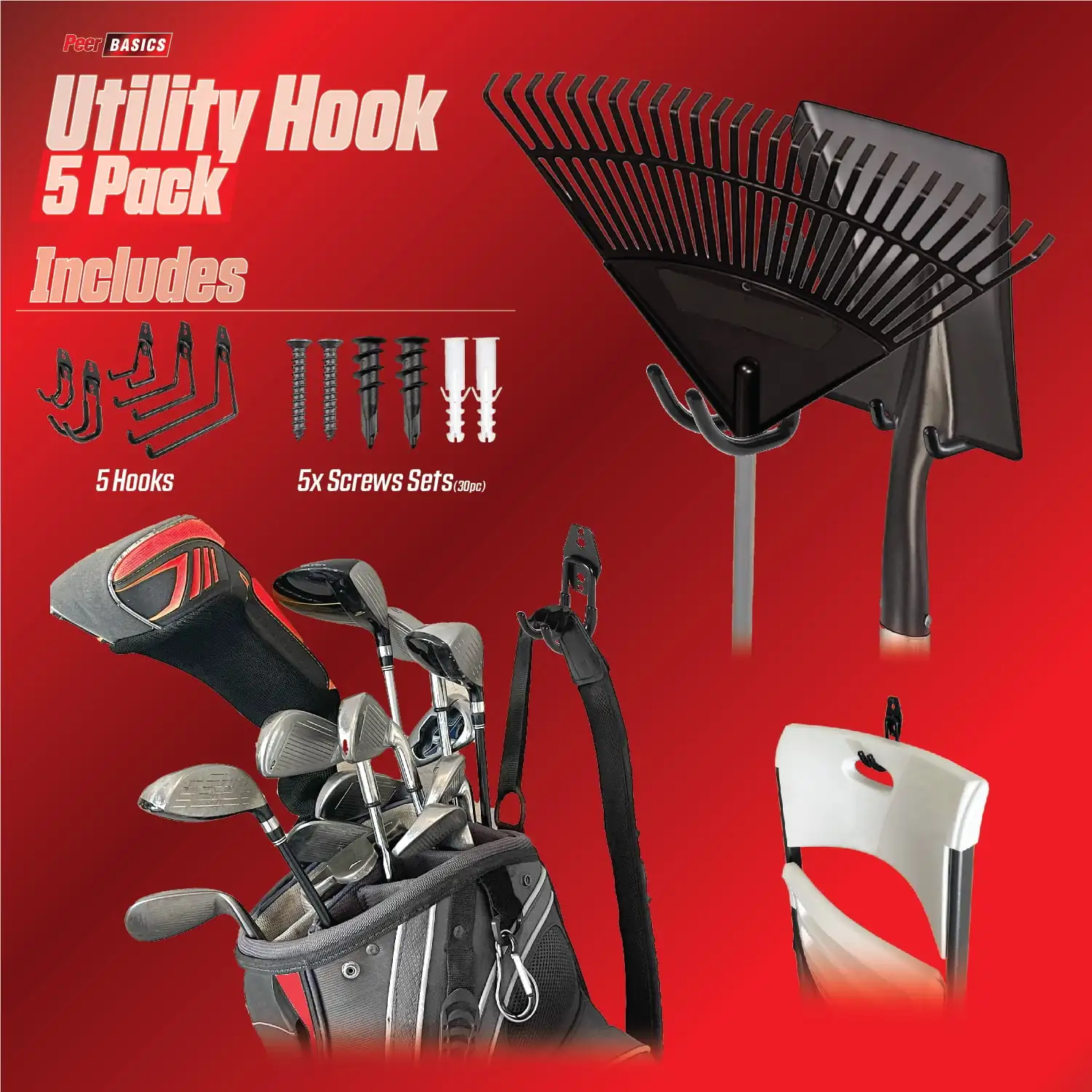 , 5 Pack Hook Set, Black, Metal, Pvc Coated, Average 50 lb Capacity, Hardware Included