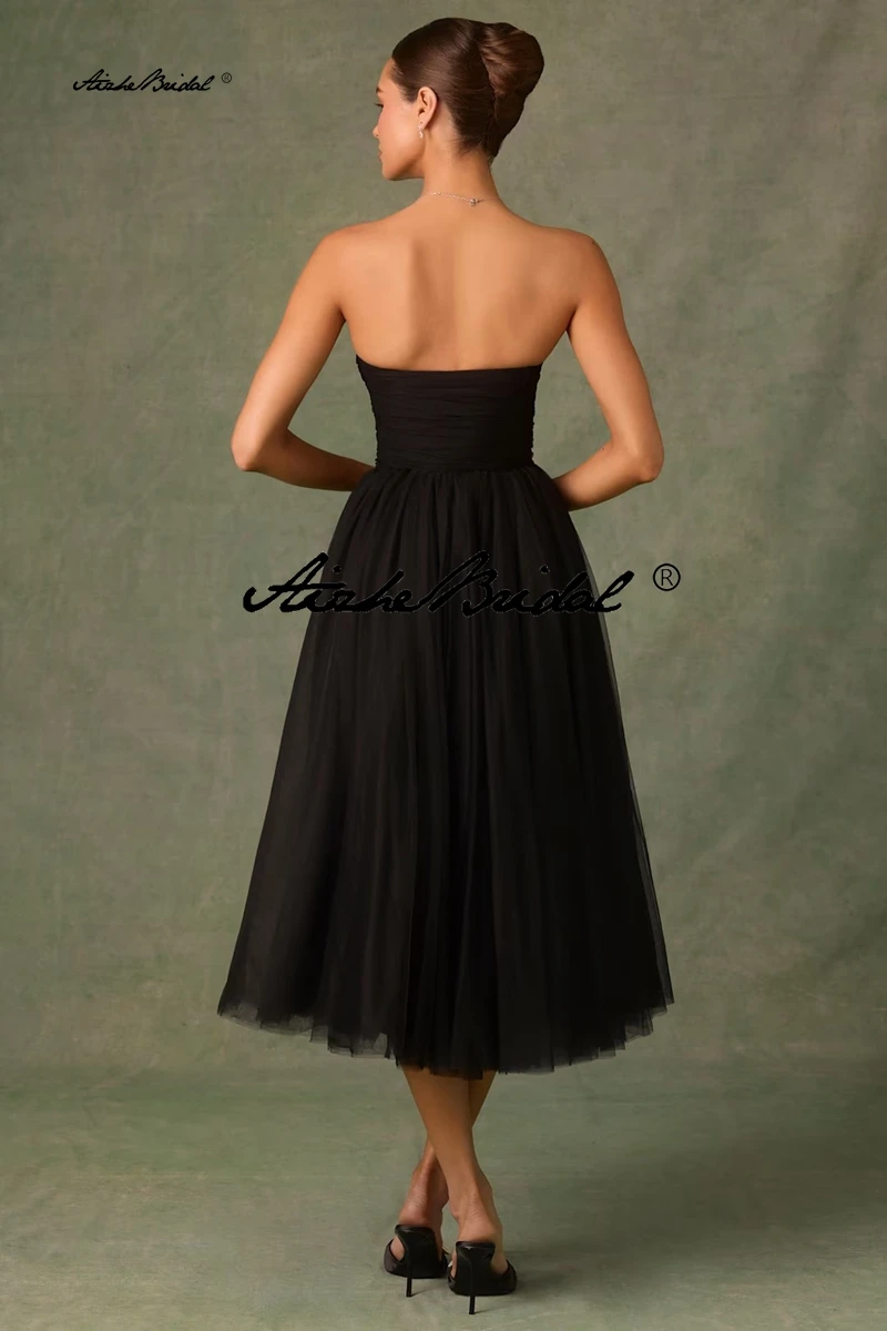 Nuevo Vestido corto negro sin mangas, vestido de tul sin tirantes, vestido de noche largo, cintura imperio hasta el tobillo