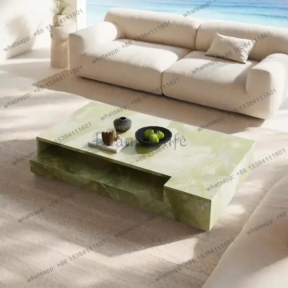Rectangular  Jade Marble Coffee Table, Artistic Designer Luxury Stone, Heat & Scratch Resistant, Natural Veining, Customizable