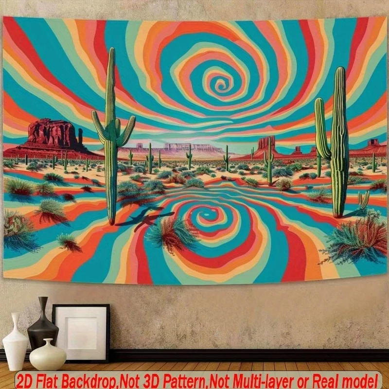 Psychedelic Desert Tapestry, Trippy Cactus Spiral Wall Hanging, Retro 70s Room Decor, Colorful Boho Blanket, Gift
