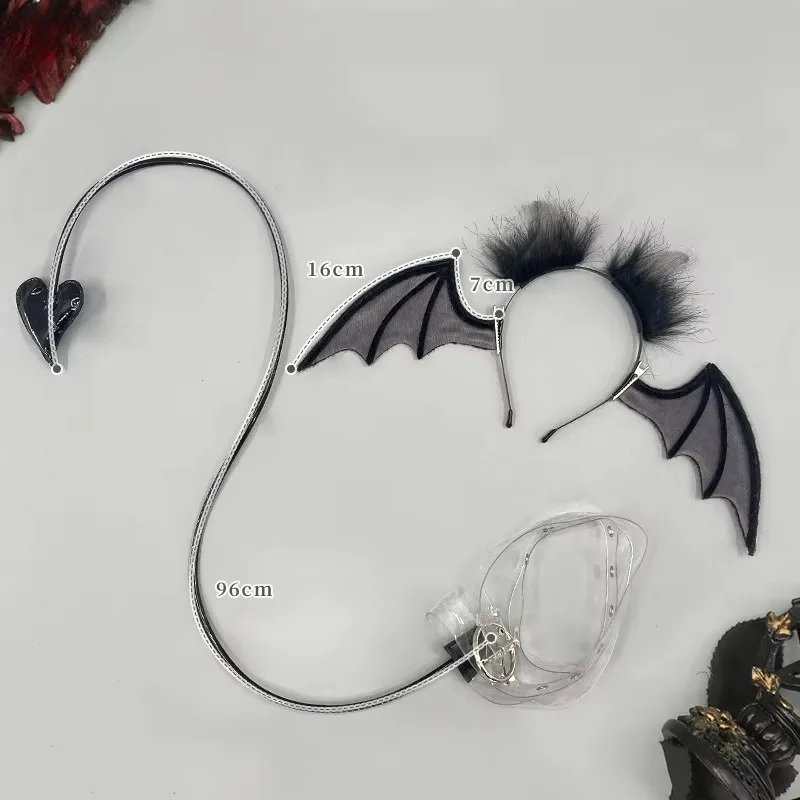FallenVex Store Gothic Devil Cosplay Headwear Wing Headband Demon Ears Heart Shape Tail Halloween Party Roleplay Costume Prop