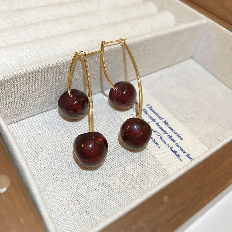 Fresh Sweet Double Red Cherry Earrings for Women Cute Fruit Drop Earrings Unique Design Wedding Party Ear Jewelry Gifts