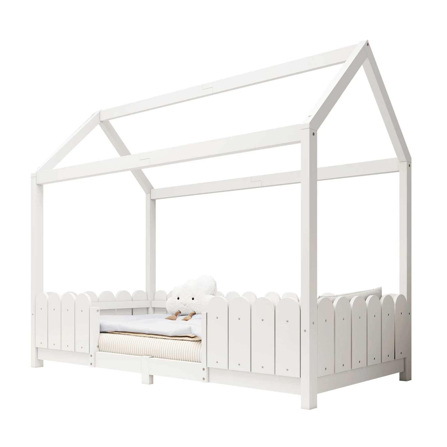 Litenfant 90x200 cm cabane avec clôtures et sommier, pin, blanc