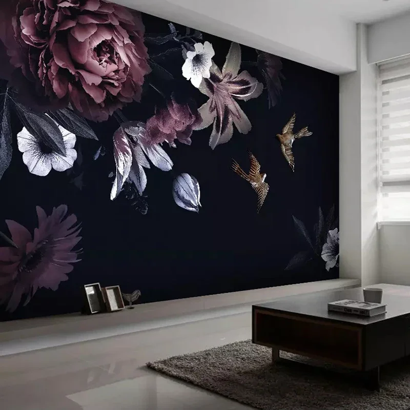 Custom Mural Wallpaper 3D Black Flowers Hand Painted Peony Wall Painting Living Room TV Sofa Background Wall Home Decor Frescoes