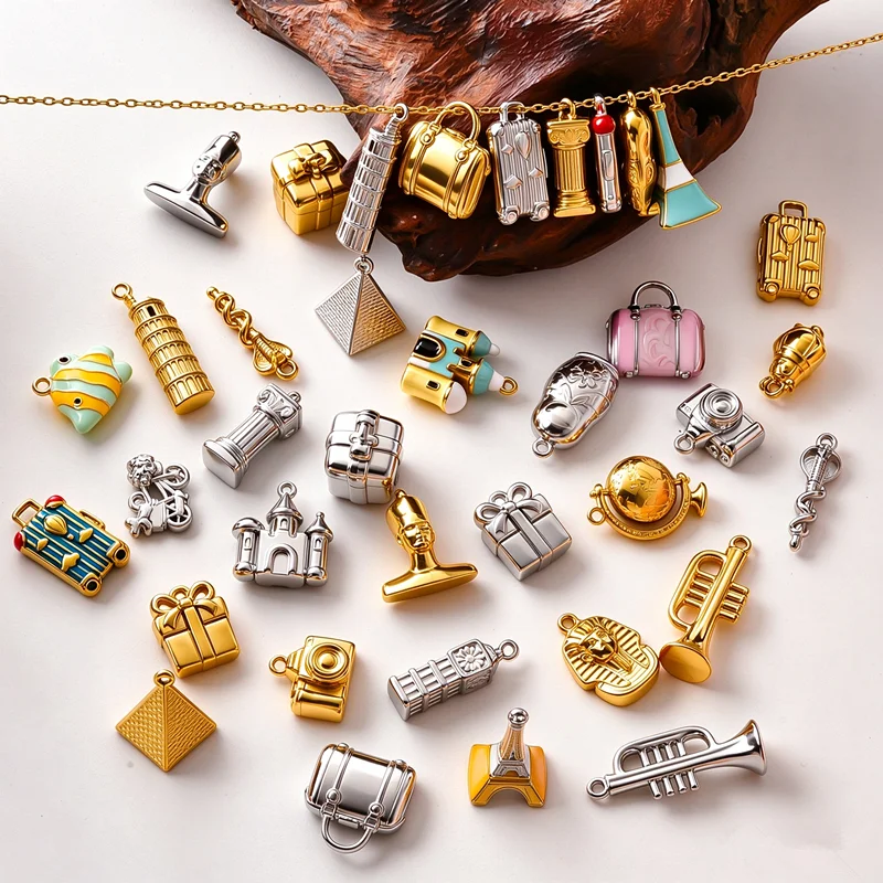 6Pcs 316 Stainless Steel Gothic Castle Travel Eiffel Tower Bell Tower подвеска DIY Punk Camera Suitcase Pendant Jewelry Making