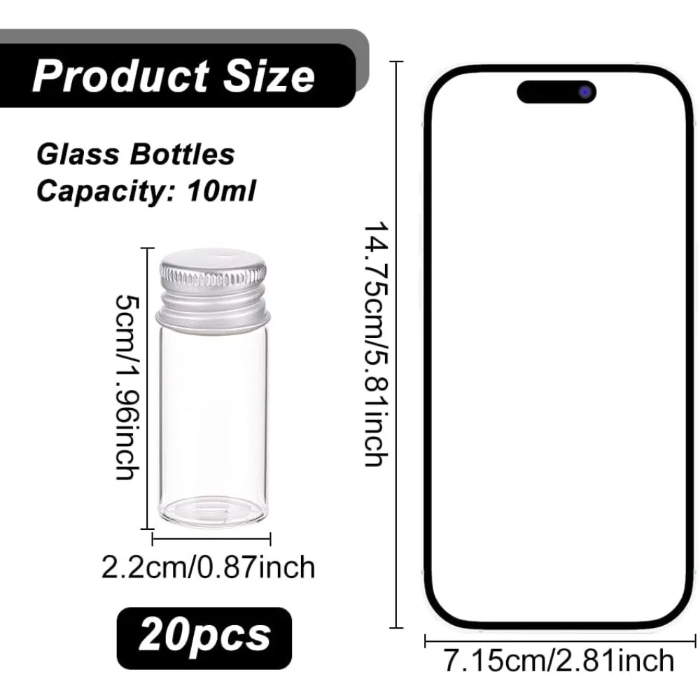 20 Pack 10ml/0.33oz Glass Bottles Sample Vials with Screwed Aluminum Caps for Wishing Message Bottle, Sample Liquid, Arts