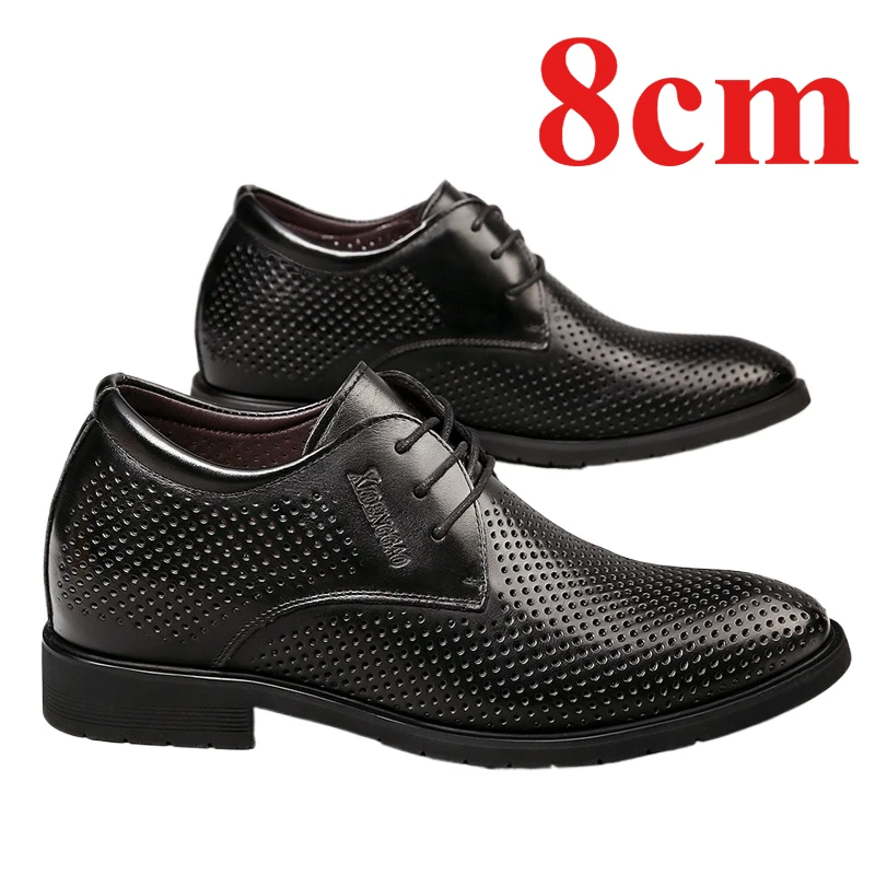 

Летние мужские туфли из дышащей кожи с мягкой подошвой, увеличивающие рост, деловая официальная одежда 8 см, перфорированные кожаные сандалии