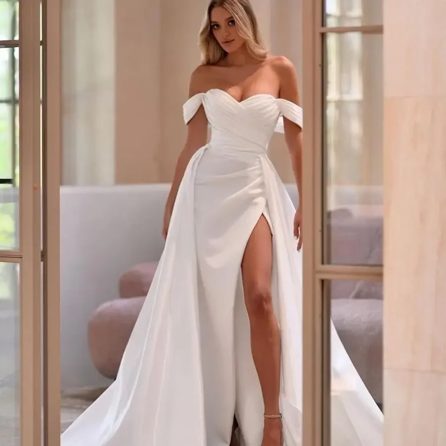

Elegant High Side Slide Wedding Dresses short-Sleeves Stain mermaid off the shoulder Bride Dress vestido novia custom plus size