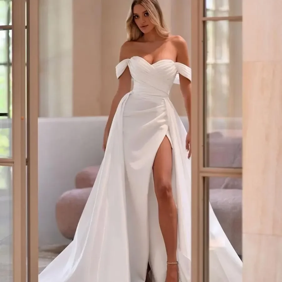 Elegant High Side Slide Wedding Dresses short-Sleeves Stain mermaid off the shoulder Bride Dress vestido novia custom plus size