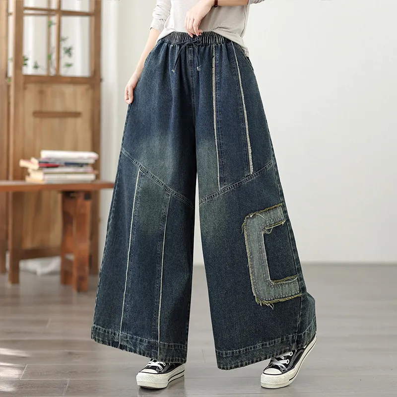 Fashion Women Jeans for Women Vintage Patchwork Wide Leg Loose Fit Stretchy Comfortable Plus Size Denim Pants for Spring Fall