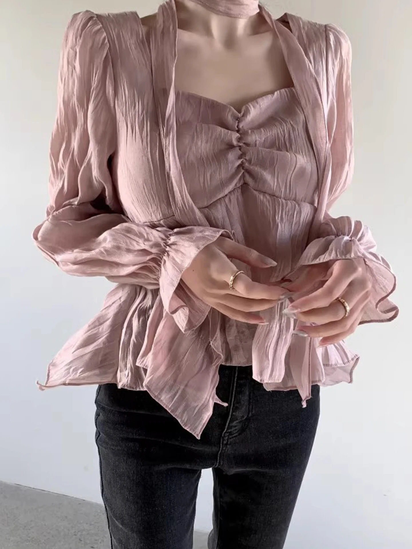 

Liangliang Home Spring New Sle Women's Blouse Flared Sve Gathered Waist Ne Hanging Sa Chiffon Top Korean Sle Loose...
