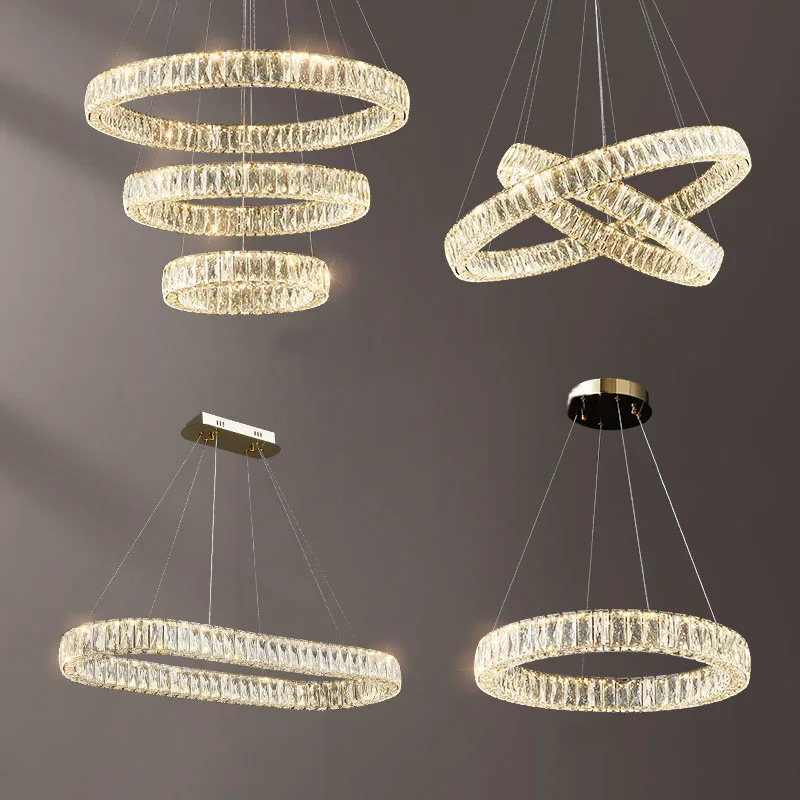 

Luxury Crystal Chandelier Round Rings Modern Led Pendant Lamp Long Lobby Living Room Gold Silver Hanging Light Remote Control