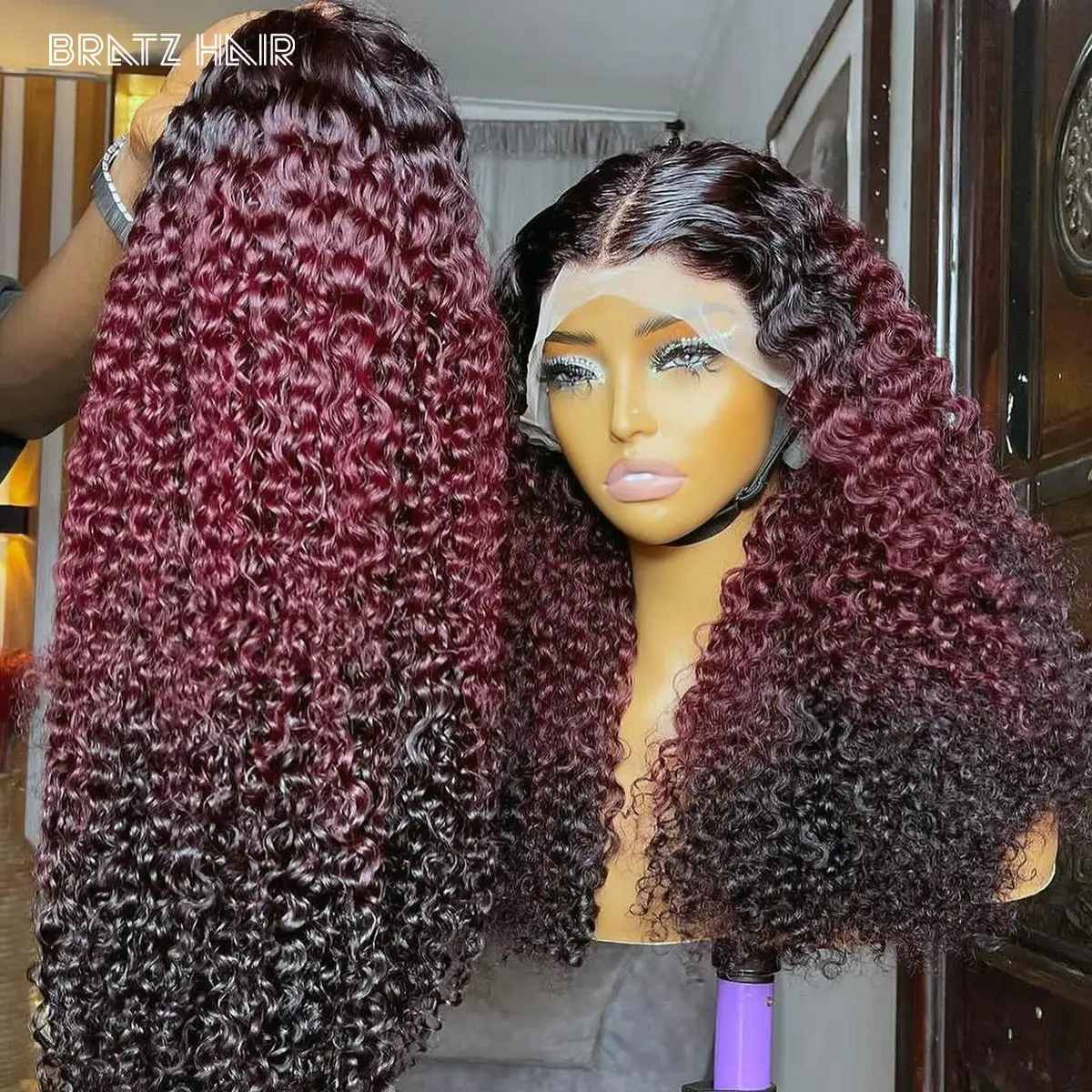 

3 Tone 99j Burgundy 13x6 13x4 Full Frontal Human Hair Wigs Pre Plucked Ombre Black Burgundy Kinky Curly 360 Lace Wig for Woman
