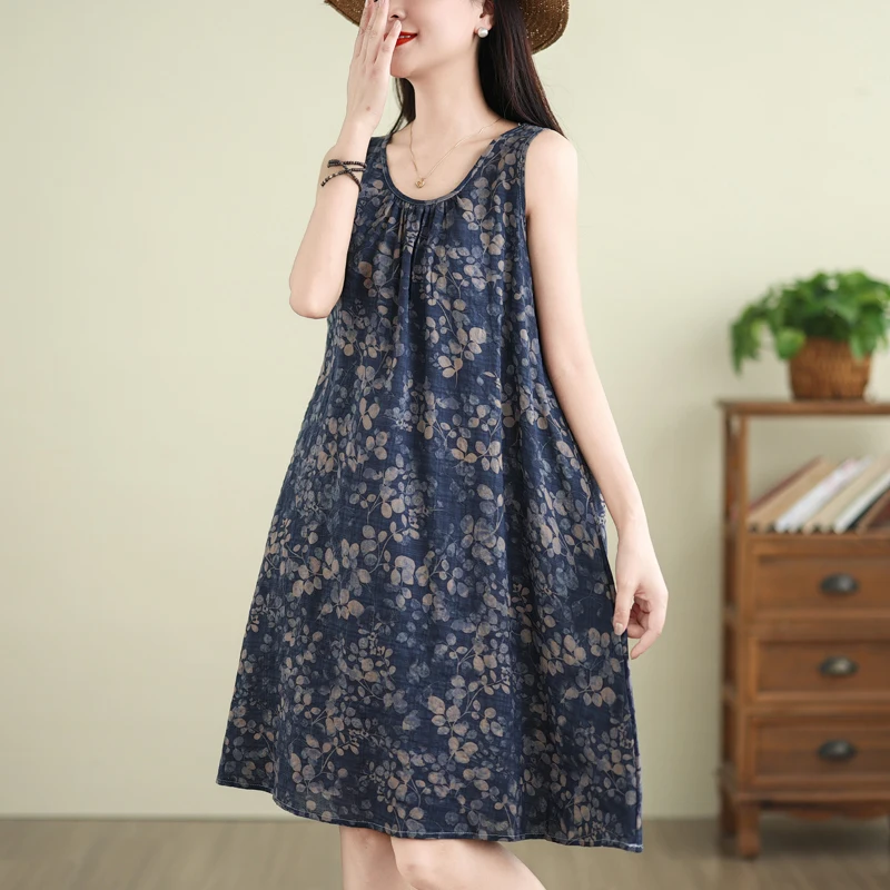 Retro bloemenprint Svel katoen Lin Dr dames zomer losse afslankende buikbedekking plus maat vest ort rok