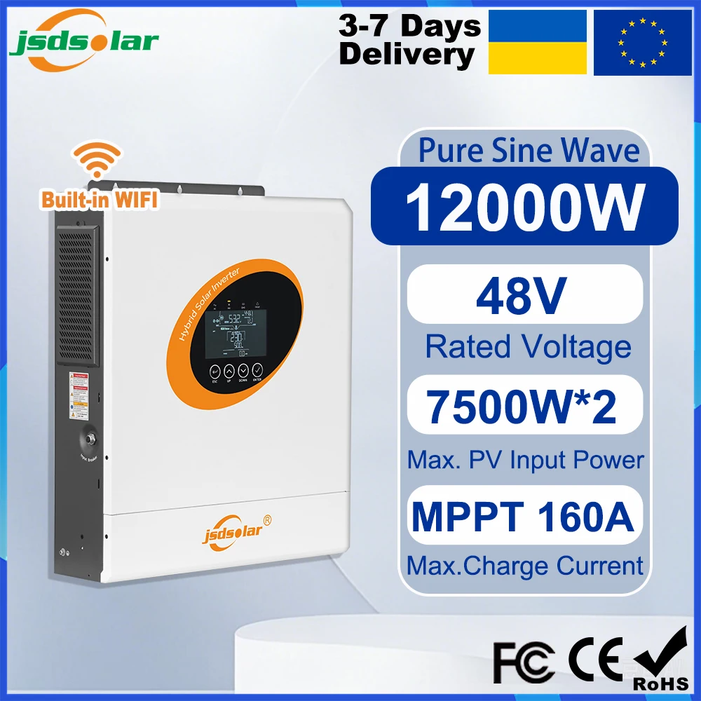 Jsdsolar 12KW Inwerter Solarny Hybrydowy Off Grid 48V Ładowarka Solarna 160A MPPT Czysta Sinusoida 500VDC Podwójne Wyjście WiFi Zasilanie Całego Domu Magazynowanie Energii Maksymalna Moc PV 7500Wx2