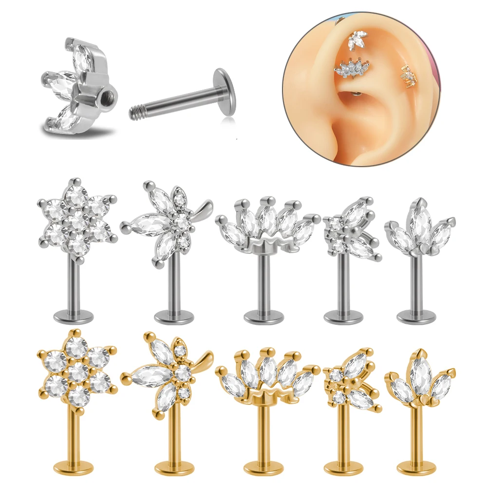 1Pc CZ Gem Flower Marquise Conch Earring Helix Piercing Surgical Steel Butterfly Cartilage Helix Stud Body Jewelry 16gX6mm