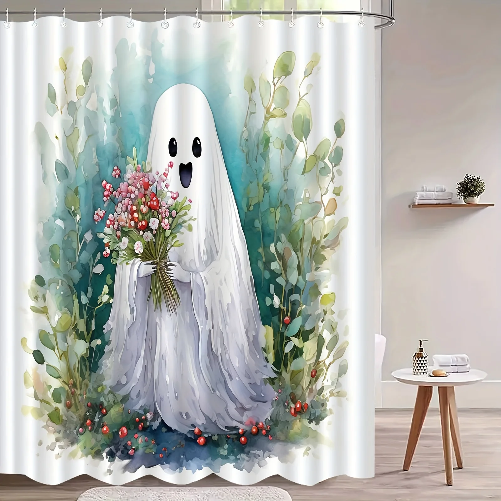 

Artistic Hand-Held Flower Shower Curtain, Machine Washable Polyester, Whimsical Floral Design, Hooks Included
