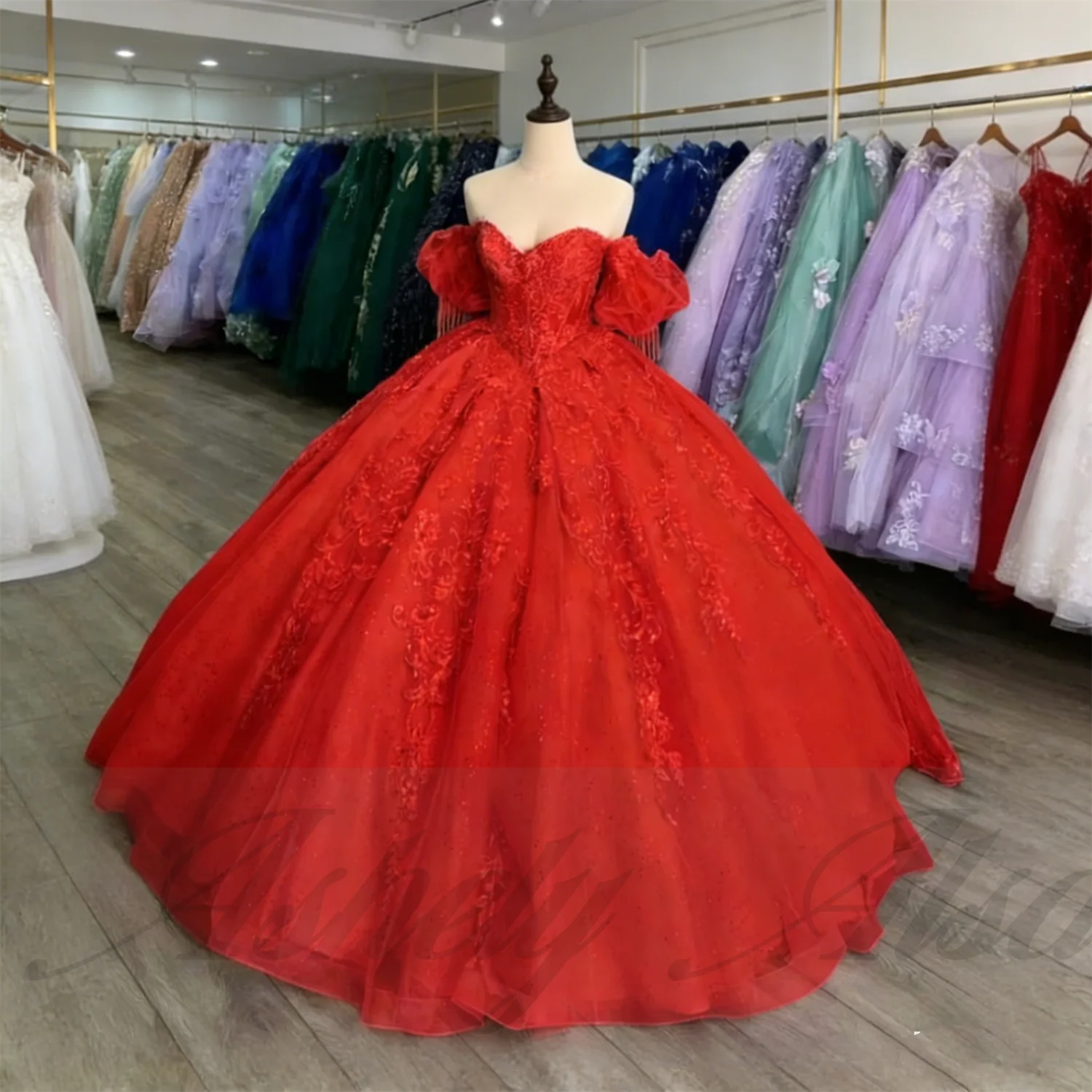 

Vintage Mexican Red Women Wedding Guest Party Dress Off Shoulder Lace Applique Sweep Train Prom Pageant Quinceanera Customized
