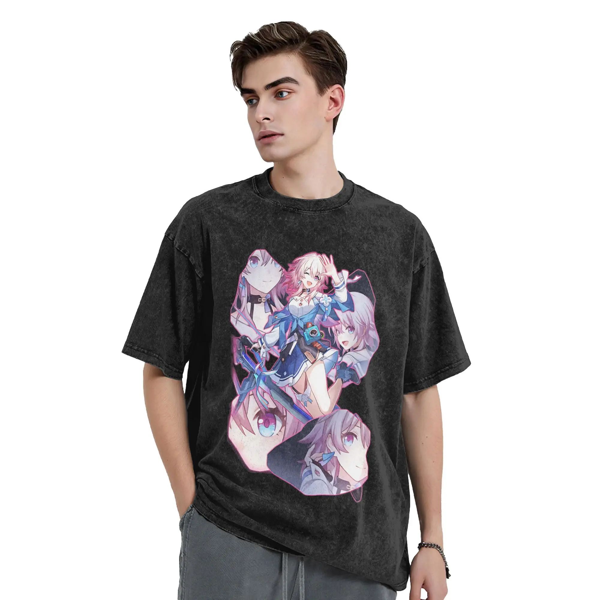 ゲームスターズレールズ Tシャツ男性用 Honkai ヴィンテージピュアコットン Tシャツラウンドネック半袖 Tシャツクラシックトップス