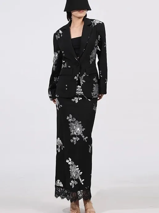 

Elegant Floral Sequin Suit High Waist Lace Skirt Half-length Two-piece Set Fashionable Autumn New Arrival Women's Ensemble