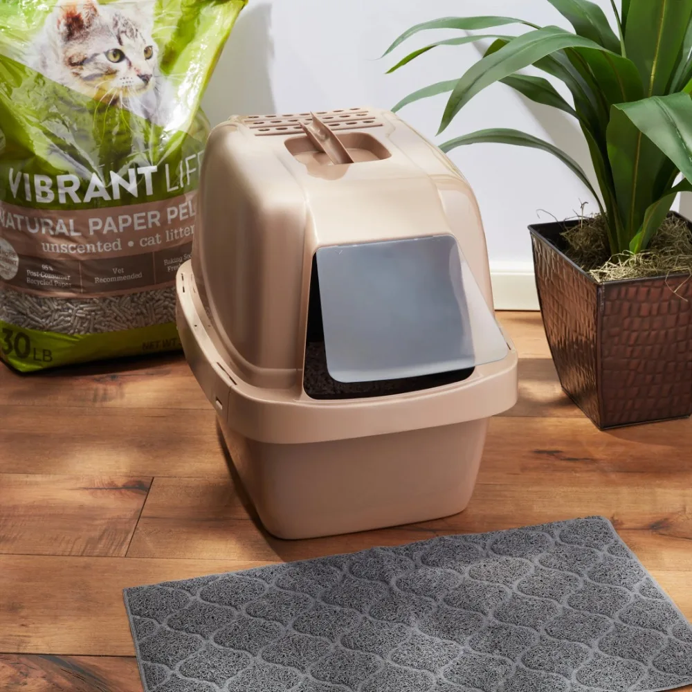 

Cat Litter Box, Beige, Air purification system works by filtering the air inside of the box, Covered air purifying litter box
