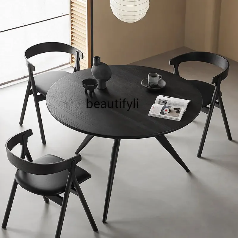 

cn8350 LHY zq round Dining Table Nordic White Oak Solid Wood Dining Table Black High-End Affordable Luxury Table