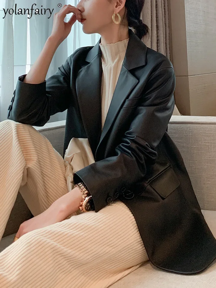 YOLANFAIRY Cappotto da abito in vera pelle Giacca da donna in pelle di pecora Donna Elegante abiti medio lunghi di fascia alta Abrigos Mujer Invierno