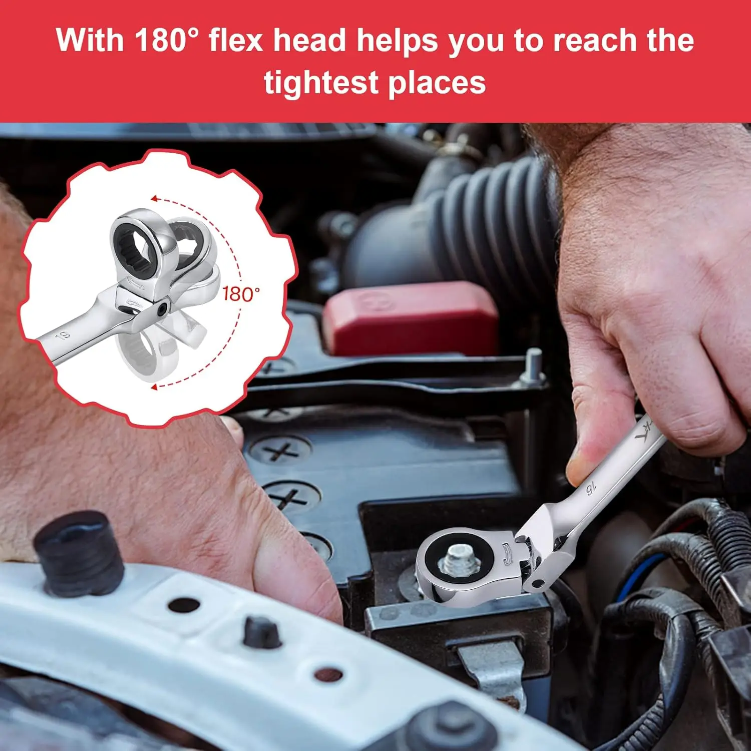 مجموعة مفاتيح ربط برأس مرن مكونة من 12 قطعة، مجموعة مفاتيح تصعيد، متري 8-19 مم، 72 سنًا، مجموعة مفاتيح ربط بسقاطة من الفولاذ Cr-V مع حقيبة #5