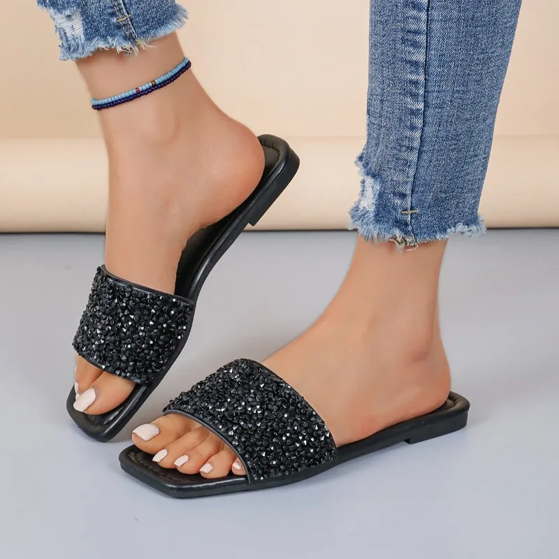 

Slippers Women's Rhinestone Wide Strap Square Toe Slippers Flip Flops Flat Sandals Ladies Slippers Shoes Female Bling Luxury