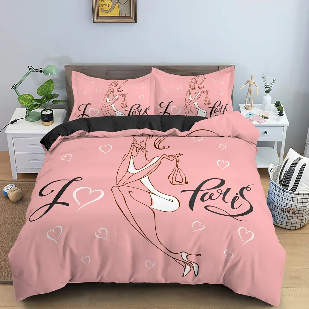 

Cartoon Fashion Model Beautiful Dress Pink Comfortable Duvet Quilt Cover Pillowcase Bedding Set Bedroom Decoration Home Textile
