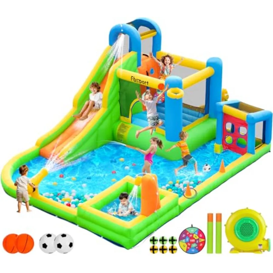 

Inflatable 9-in-1 water slide for backyard use PVC material blue and yellow includes blower wet/dry combo football shooting wat