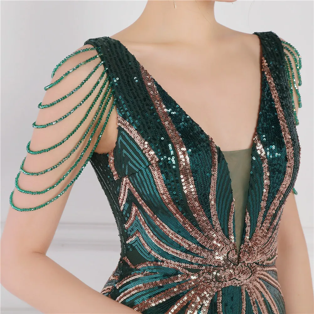 DEERVEADO Green Sequin Long Evening Dress 2024 Luxury Beading Formal Dress Women Elegant Evening Gown Chic Woman Maxi Dress