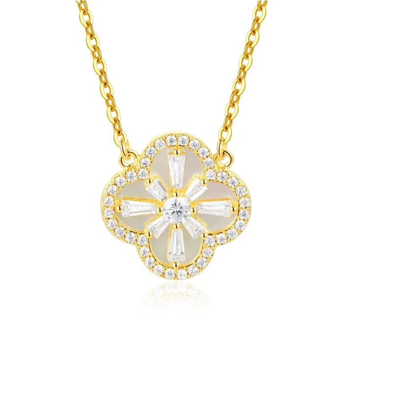 

TKJ White Shell Flower Pendant Necklace Gold Plating 925 Sterling Silver Chain Zirconia Petal Charms Necklace for Women Jewelry