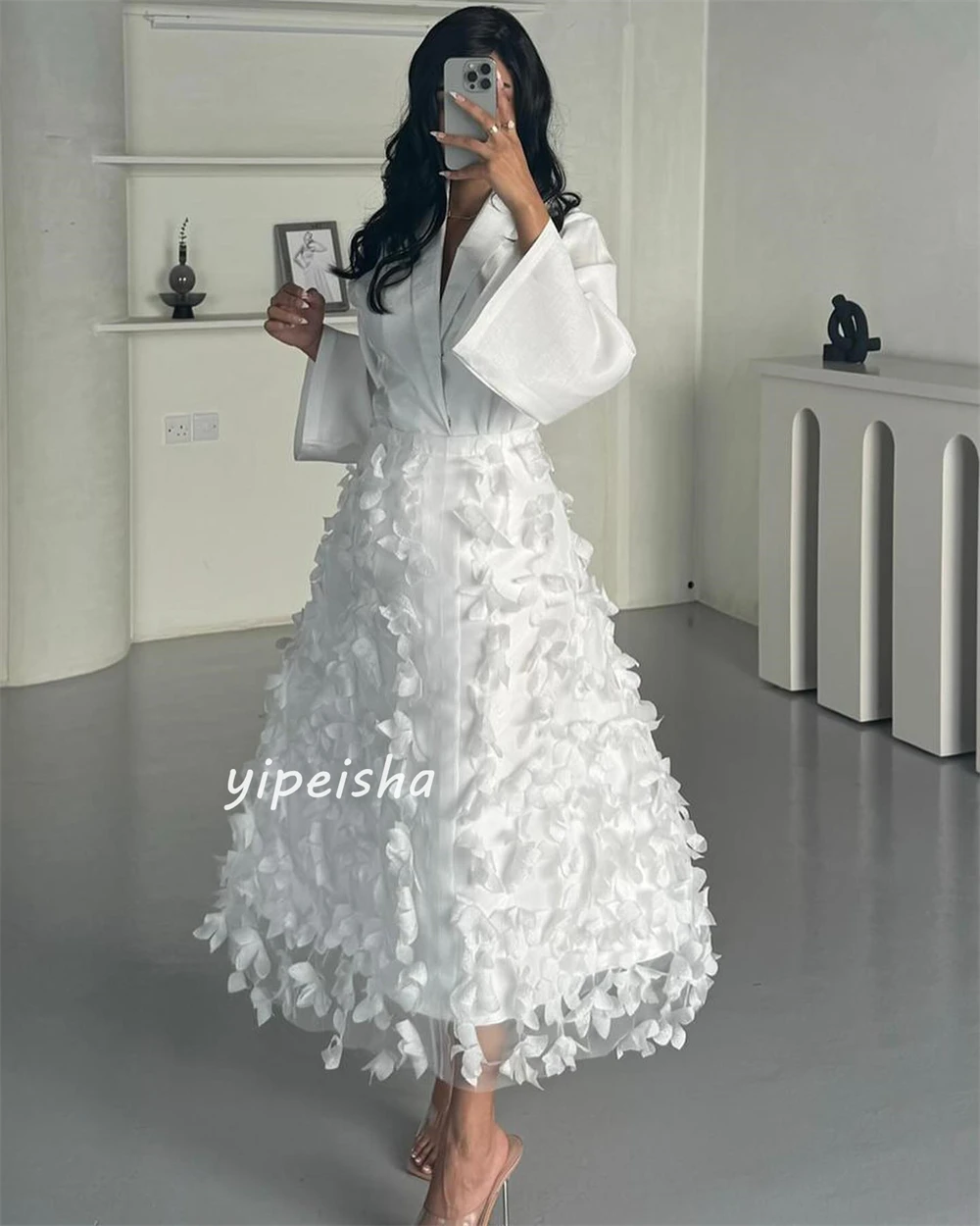 Customized Jersey Flower Tassel Valentine's Day A-line V-neck Bespoke Occasion Gown Midi Dresses