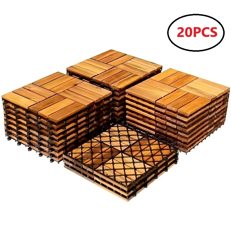20-Piece Solid Acacia Interlocking Deck Tiles Outdoor Patio Flooring 12x12x0.9-Inch Waterproof for Balconies Backyards Porches Poolside All-Weather Use Brown Cross-Grain Square Joints